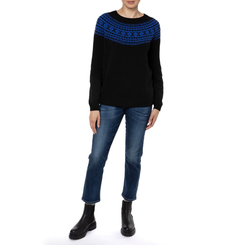 Marilyn Moore Scottish Fair Isle Sweater Black Blue Todd and Duncan Geelong Lambswool Estelle